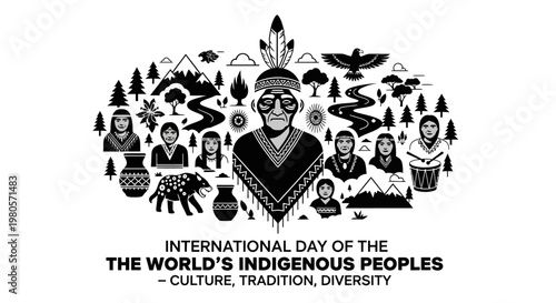 International Day of the Worlds Indigenous Peoples illustration featuring diverse cultural symbols.