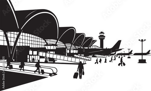 Black and white airport terminal with people walking and airplanes