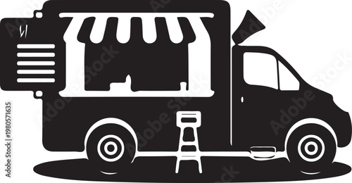 Black and white food truck cartoon with striped awning and ladder on a street scene