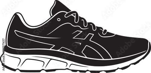 Black and white athletic shoe with white outline sneaker