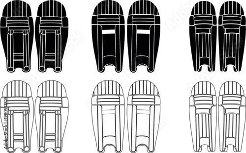 Cricket wicket keeping pads design variations technical illustrations silhouette