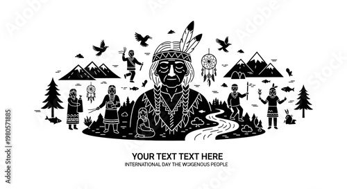 Black and white illustration featuring indigenous tribal people and culture.