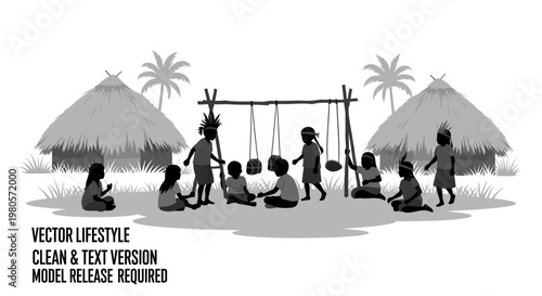 Silhouettes of children playing together in a rural village setting.