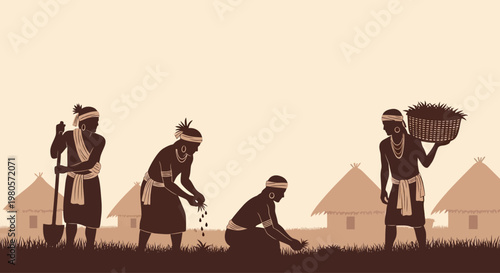 Silhouette illustration of tribal people working in agricultural fields.