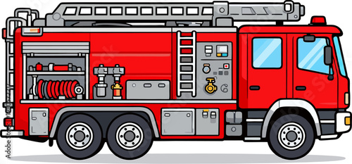 Red Fire Truck Vector Illustration, Cartoon Fire Engine with Ladder Hoses Sirens Emergency Vehicle Side View