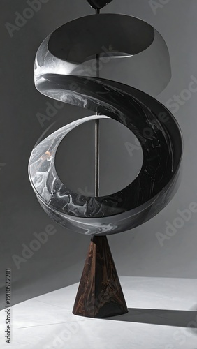 A sculpture with a dark brown base and a large, curved metal piece