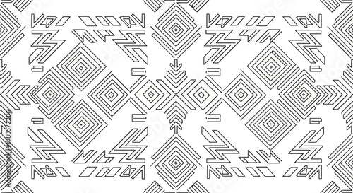 Abstract Geometric Pattern with Intricate Tribal Lines and Diamond Shapes.