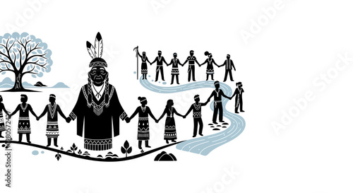 Illustration of Indigenous People Holding Hands in a Community Chain.