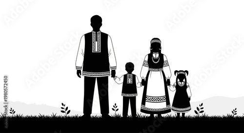 Silhouette illustration of a family in traditional Ukrainian folk clothing.