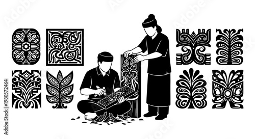 Indonesian Woodcarvers Crafting Traditional Tribal Art Patterns.