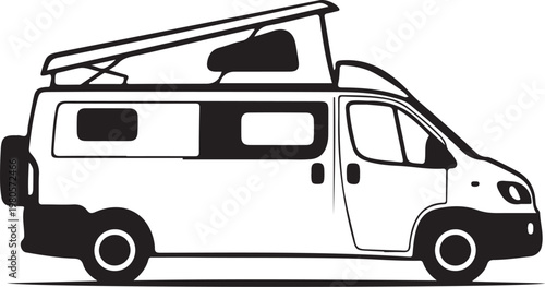 Black and white camper van with pop up roof vehicle