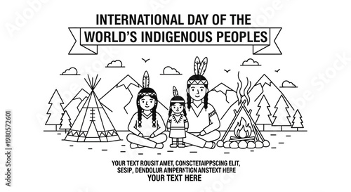 Indigenous Peoples family sitting by campfire and teepee line art illustration.