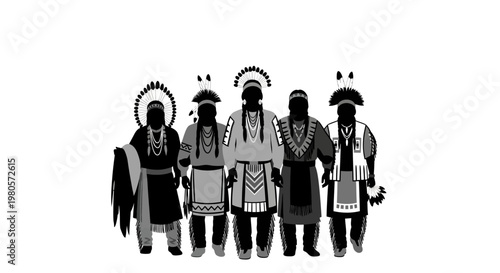 Silhouettes of Native American group in traditional clothing.