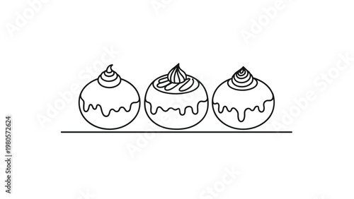 Simple black line drawing of three traditional jelly doughnuts with powdered sugar topping and sweet filling on a line.