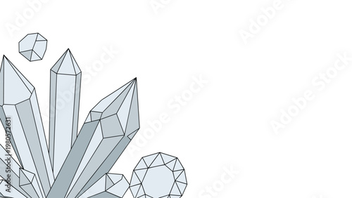 Geometric line art of various crystal formations and gemstones with light gray shading on a clean white background.
