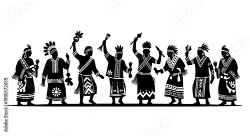 Silhouette illustration of indigenous people dancing in traditional cultural costumes.