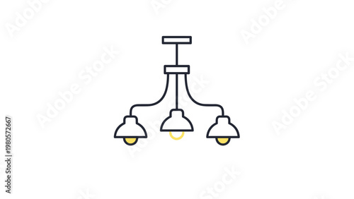 Elegant vector icon of a three-bulb hanging chandelier with a modern design and soft yellow glowing light elements.