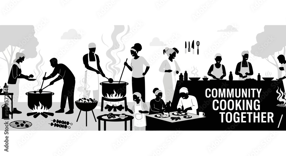 Fototapeta premium Diverse Group of People Preparing Food Together in Community Kitchen Silhouette Illustration.