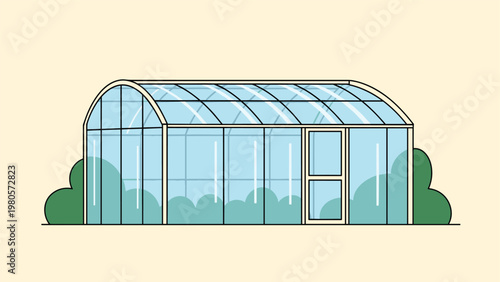 Detailed vector illustration of a glass greenhouse structure with green bushes behind it set on a light beige background.