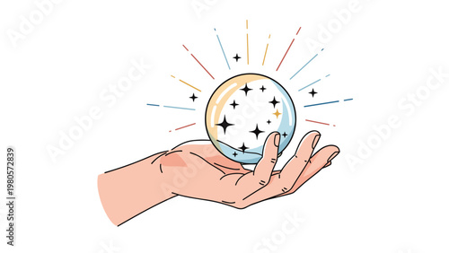 Mystical illustration of a human hand holding a glowing crystal ball filled with stars and surrounded by magic rays.