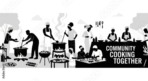 Diverse Group of People Preparing Food Together in Community Kitchen Silhouette Illustration.