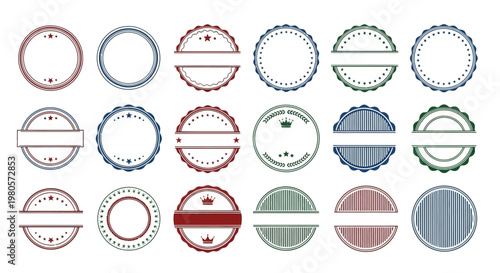 Set of vintage blank circular stamp seals and labels in various colors and designs