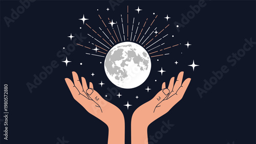 Human hands cupped together holding bright full moon against dark starry sky background with celestial rays and twinkling stars.