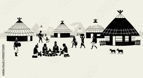 Silhouette illustration of a traditional African village community life.
