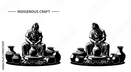 Illustration of indigenous artisans crafting handmade clay pottery on a spinning wheel.