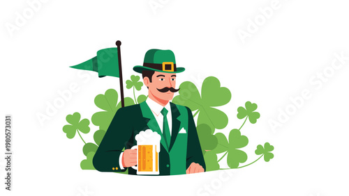 St Patricks Day illustration of man wearing green suit and top hat holding beer mug in front of lush clover shamrocks.