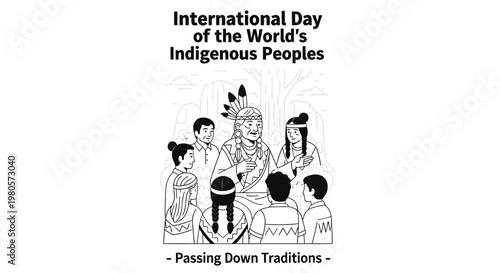 International Day of the Worlds Indigenous Peoples featuring tribal elder teaching children.
