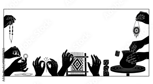 Silhouette illustration of hands crafting handmade artisan goods.