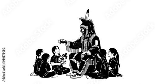 Indigenous elder sharing tribal stories with group of children.