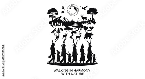 Indigenous People Walking in Harmony with Nature Silhouette Illustration.