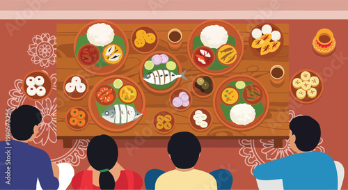 A vibrant illustration of a traditional South Asian family meal with multiple dishes, rice, fish, and sweets served on a decorated table for four people.