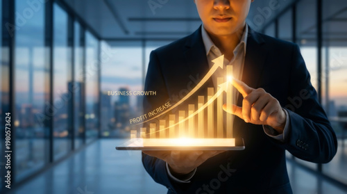 Businessman analyzing business growth and profit increase with digital data visualization on tablet in modern office, financial success strategy and corporate investment analytics concept.