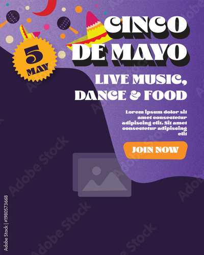 Vibrant Cinco de Mayo celebration poster with festive colors, live music, dance, and food elements. Perfect for event promotions and cultural festival marketing