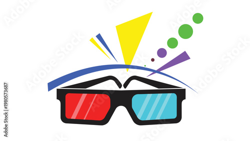 Graphic design of 3D movie glasses with red and blue lenses surrounded by abstract geometric shapes and colorful lines.