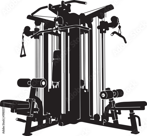 Black and white gym multigym machine with cables and seats