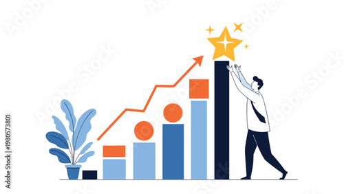 Driven businessman pushing a high bar chart column upward to reach a shining golden star of success and excellence.