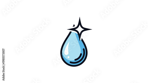 Simple clean icon of light blue water droplet with white sparkling star highlight isolated on white background.
