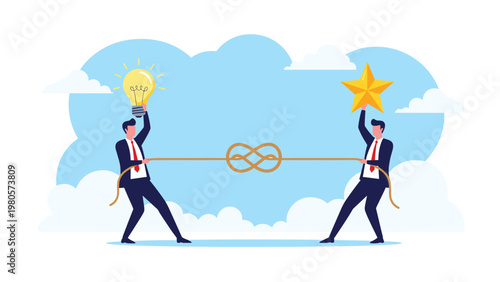 Two competitive businessmen engaged in a tug of war with a knotted rope while holding a lightbulb and a gold star for rewards.
