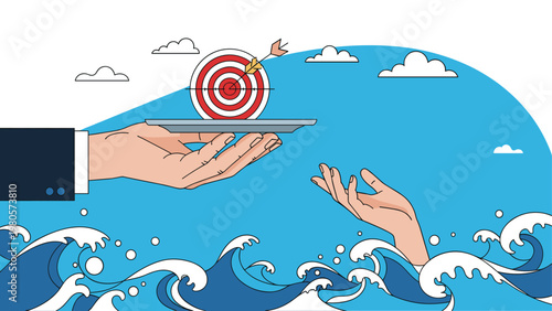 Large hand offering a target on a silver platter to a person struggling in the water for assistance and career direction.