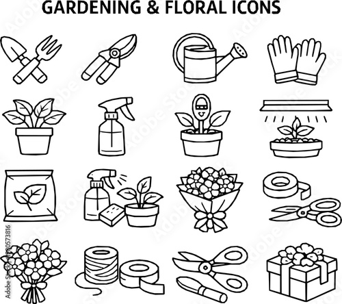 Gardening Tools & Indoor Plant Care Line Icons Set