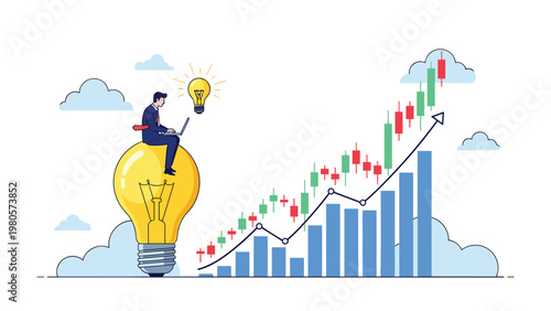 Innovative businessman sitting on a giant lightbulb while using a laptop to monitor a rising candlestick stock chart.