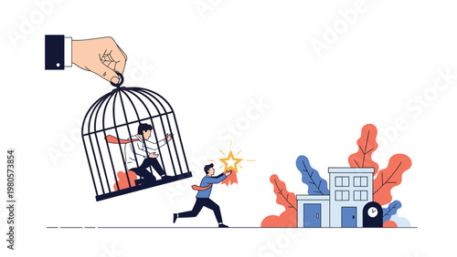 Large hand lowering a cage over a seated professional while another businessman runs away with a success star.