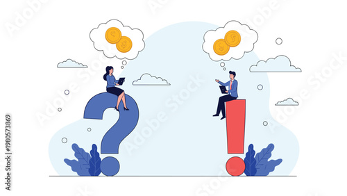 Business professionals sitting on giant question and exclamation marks while contemplating financial decisions and profits.