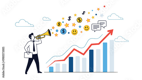 Businessman playing a trumpet to release positive symbols and stars towards a rising business growth chart in the office.