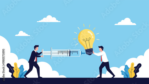 Team of business professionals injecting a large glowing lightbulb with a syringe to boost innovation and ideas.