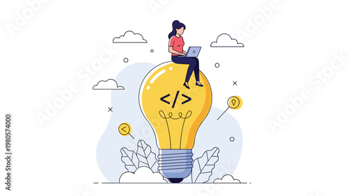 Female programmer sitting on a giant lightbulb while using a laptop to work on coding and software development ideas.